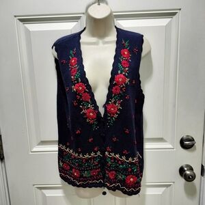 Vintage Alyssa Brooke Christmas Floral Embroidered VNeck Sweater Vest-Ships fast
